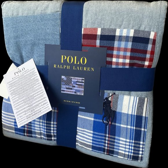 Polo Ralph Lauren Ramsey Patchwork Flag 100% Cotton Denim Blue Throw Blanket - Picture 2 of 11